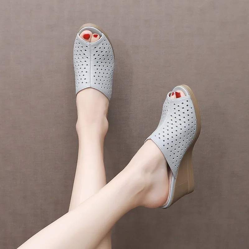 Summer Hollow Fish Mouth Slippers Fashion Wild Non-slip Outer Wear Wedges Slipper Shoes Size 33-39