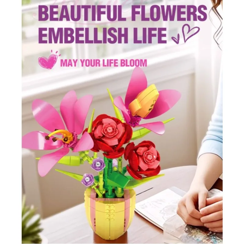 Building blocks, lilies, roses, small particle assembly, girls' plant potted plants, desktop ornaments, toys, gifts
