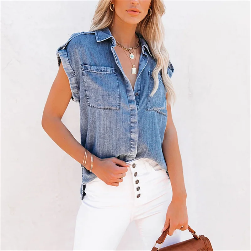 Woman Casual Blue Loose Denim Tank 2023 Summer Female Basic Single Breasted Tanks Girls High Street Pocket Tanks