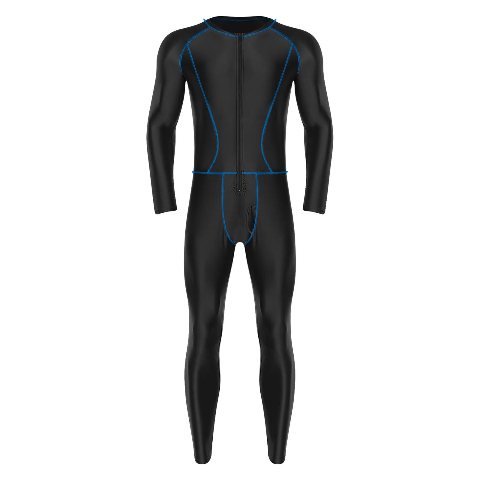 Men Glossy Swimming Jumpsuit Swimwear Rash Guard Wetsuit Diving Suit Long Sleeve Zipper Slim Bodysuit for Yoga Fitness Workout