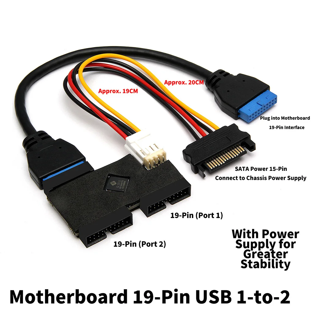 USB3.0 19‑Pin 1‑to‑2 Splitter USB Hub GL3510 Chip SATA 15Pin Auxiliary Power 5Gbps Internal Motherboard Header Expansion Adapter