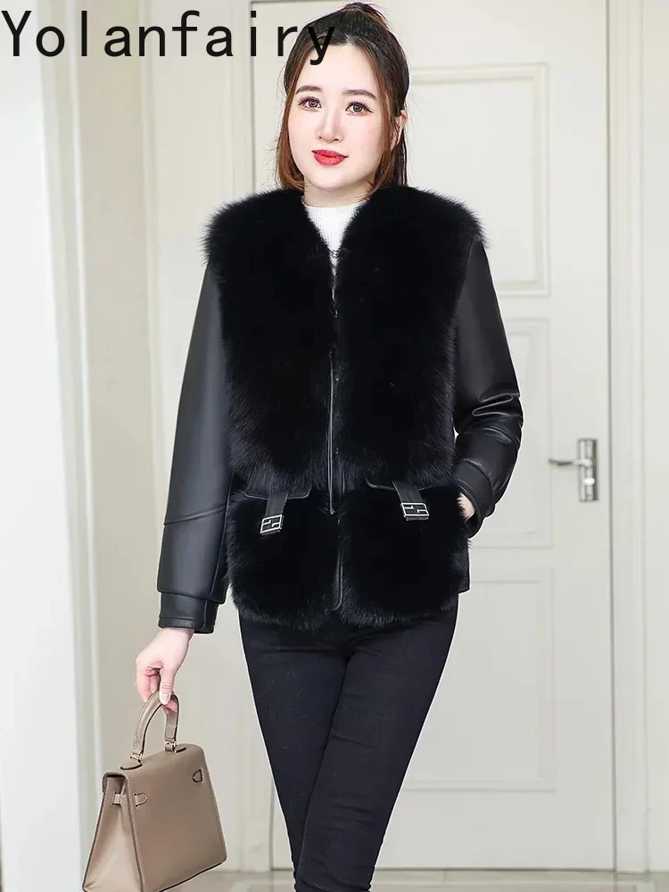 

Real Leather Jacket Women Winter Autumn Genuine Sheepskin Coat High-end Slim Down Coats Luxury Fox Fur Collar Casaco Feminino