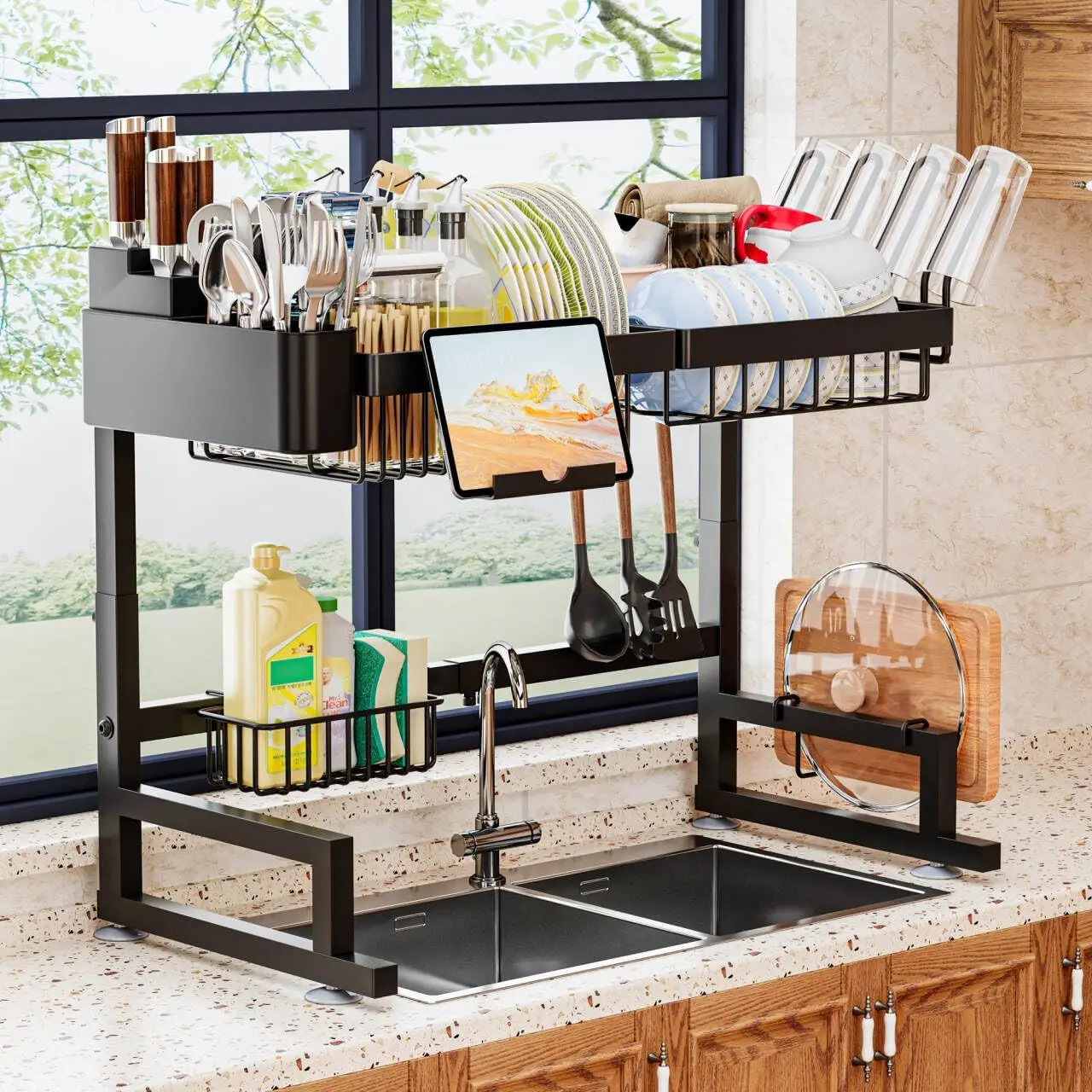 

Over Sink Dish Drying Rack, Expandable Height & Length, Snap-On Design, 24'-35.5' L x 12' W x 19' H