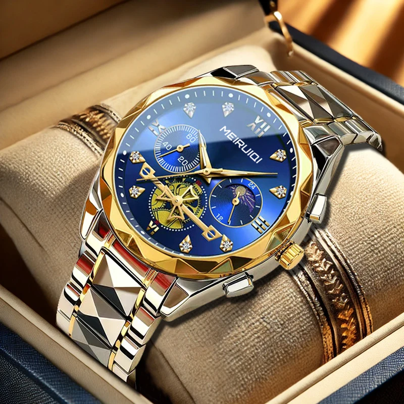 A men's silver steel strip Roman numeral blue dial casual business gorgeous cool quartz watch