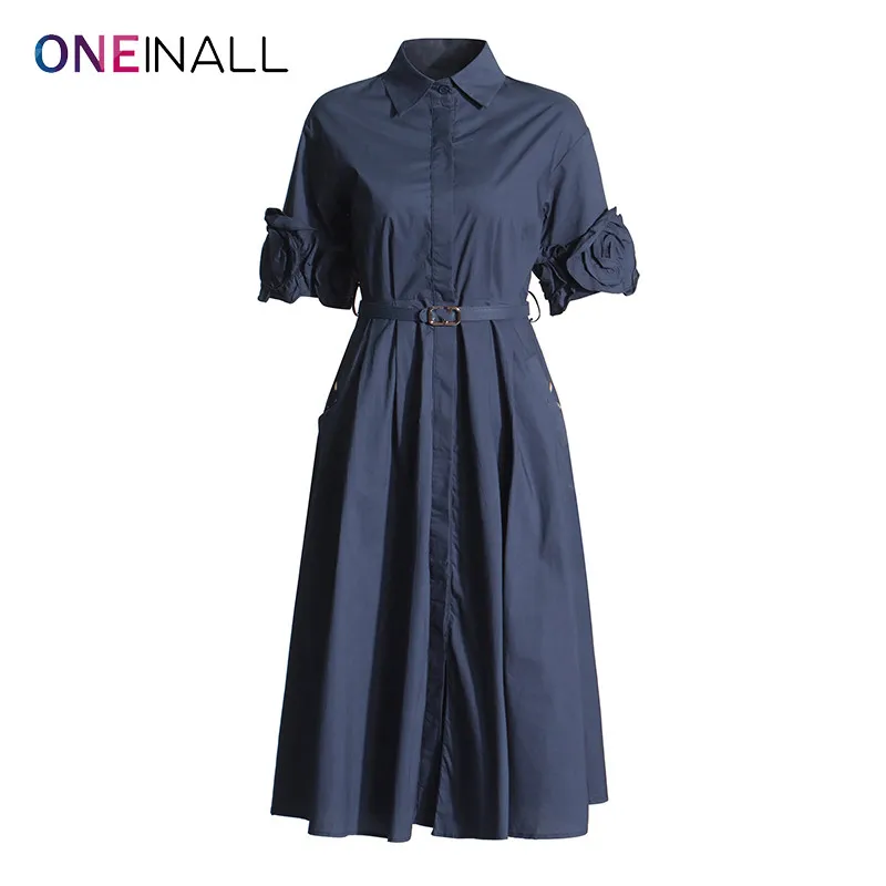 

ONEINALL Minimalist Patchwork Appliques Dresses For Women Lapel Long Sleeve High Waist Spliced Belt Elegant Solid Dress Female