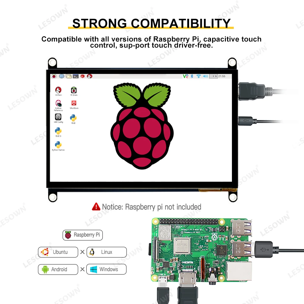 LESOWN 7 inch IPS LCD Touch Screen Display Panel 1024×600 Capacitive Screen HDMI Monitor with Speakers for Raspberry Pi5/Pi4/Pi3