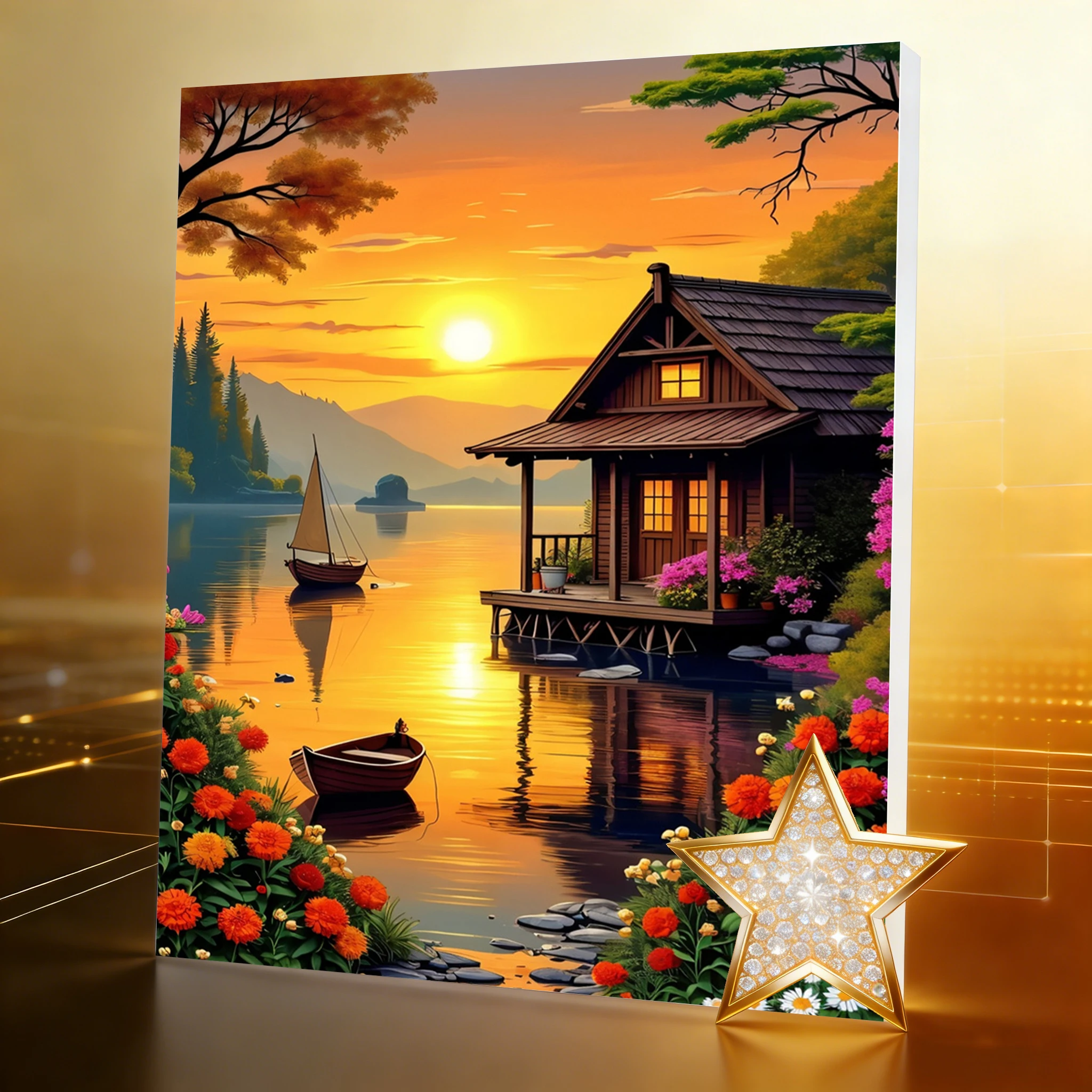 AZQSD Diamond Painting 5d House Landscape Diy Full Square Round Drill Diamond Mosaic Autumn Lake Sunset Sea Art Diy