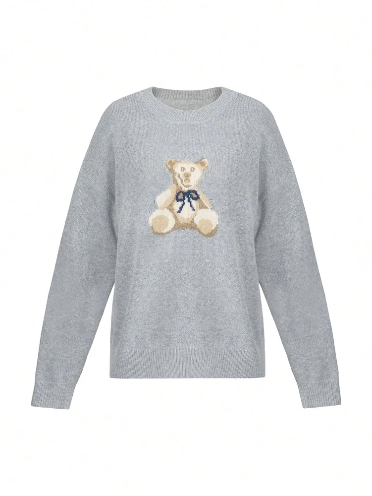 2025 Autumn and Winter New ins Women's Cartoon Bear Pattern Drop Shoulder Long Sleeve Casual Lazy Winter Sweater - Image 5