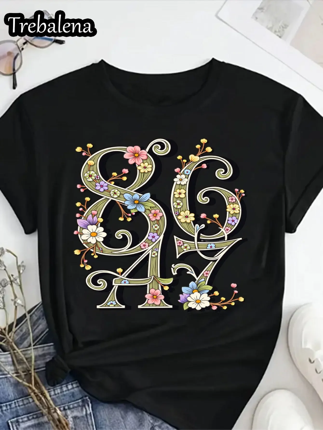 Camiseta feminina plus size floral número 86 e 47 camiseta gráfica camisa preta para mulheres verão casual camiseta casual verão