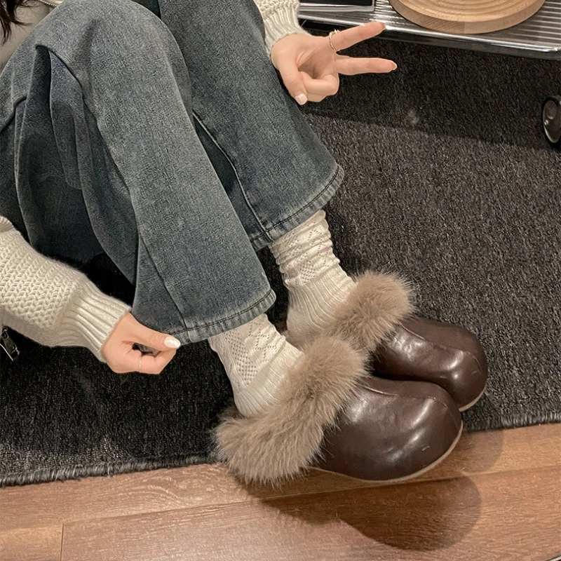 خمر سميكة وحيد النساء الفراء البغال النعال الراحة الدافئة فستان قطني أحذية الخريف الشتاء السيدات موجزة في الهواء الطلق الانزلاق على الشرائح #2
