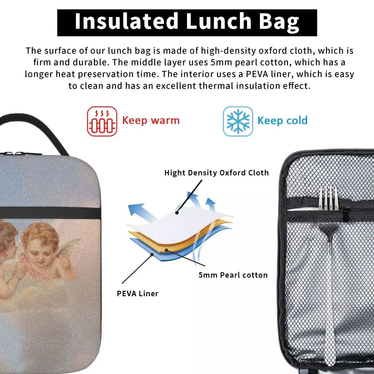 Renaissance Cloud Angels Insulated Lunch Bag for Women Kids Portable Food Boxes Thermal Lunch Box Tote