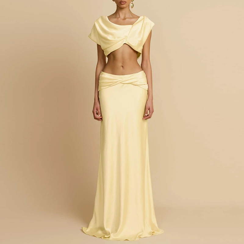 ハイウエストロングスカートセット サテン おへそ出し スリムフィット レディース パーティー ツーピースセット 春夏 ホローセクシー ホリデースーツ