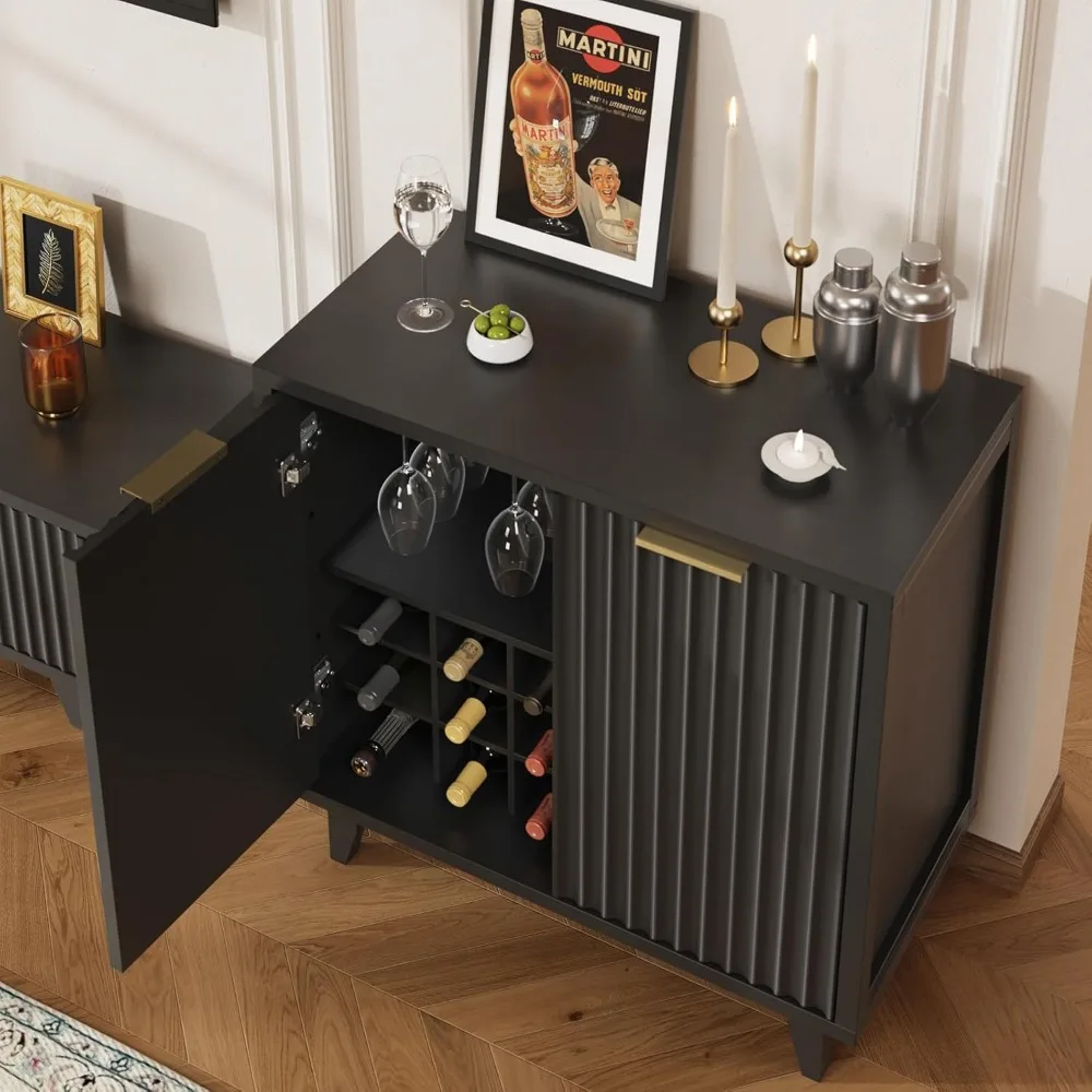 Fluted Coffee Bar Cabinet with Storage, Modern Sideboard Buffet Cabinet with Removable Wine Rack, Drawer, Adjustable Shelf