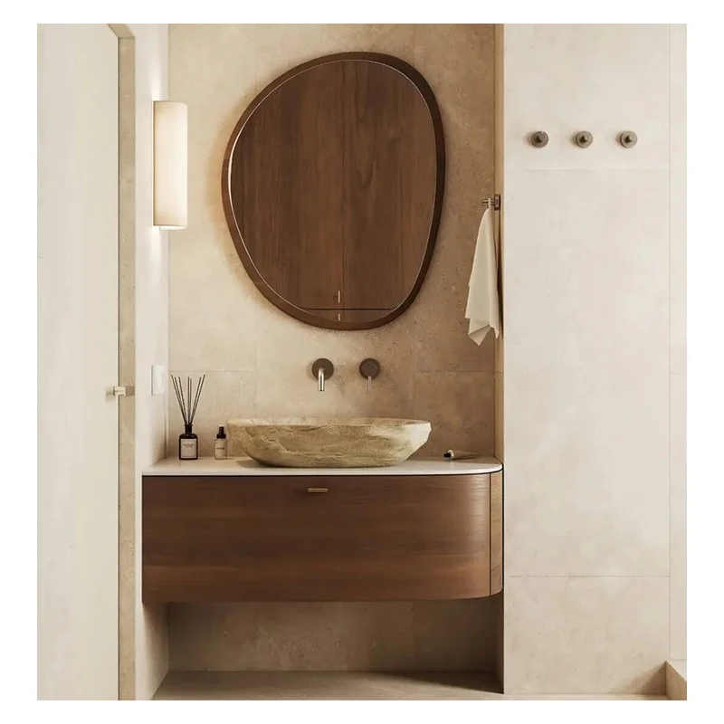 Modern Semi-Circular Curved Wash Basin Wall Mount Bathroom Vanity Cabinet Set With Mirror