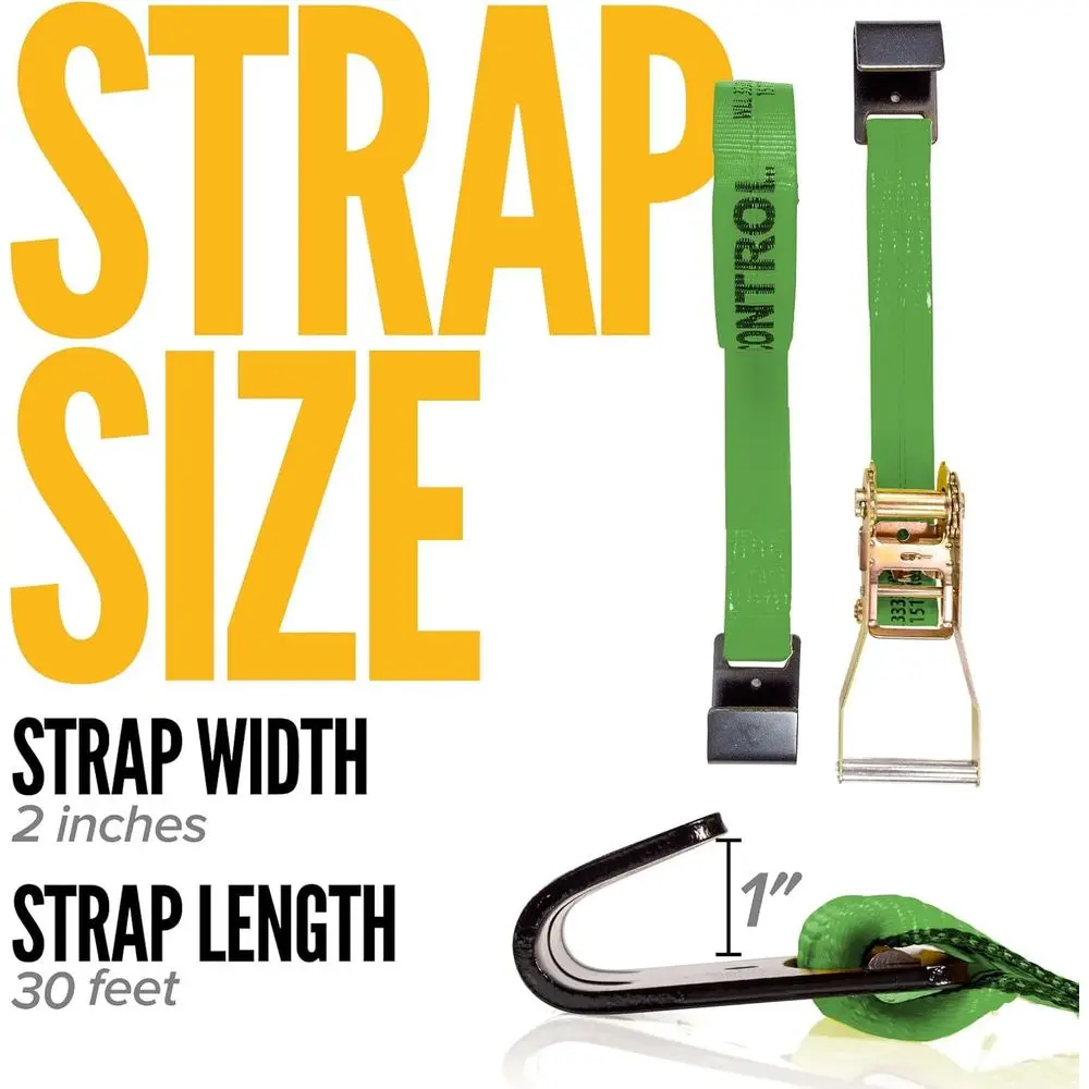2 Inch x 30 Foot Heavy-Duty Ratchet Straps, 10,000 LB Break Strength, Green with Black Hooks for Secure Tie Downs and Trailers