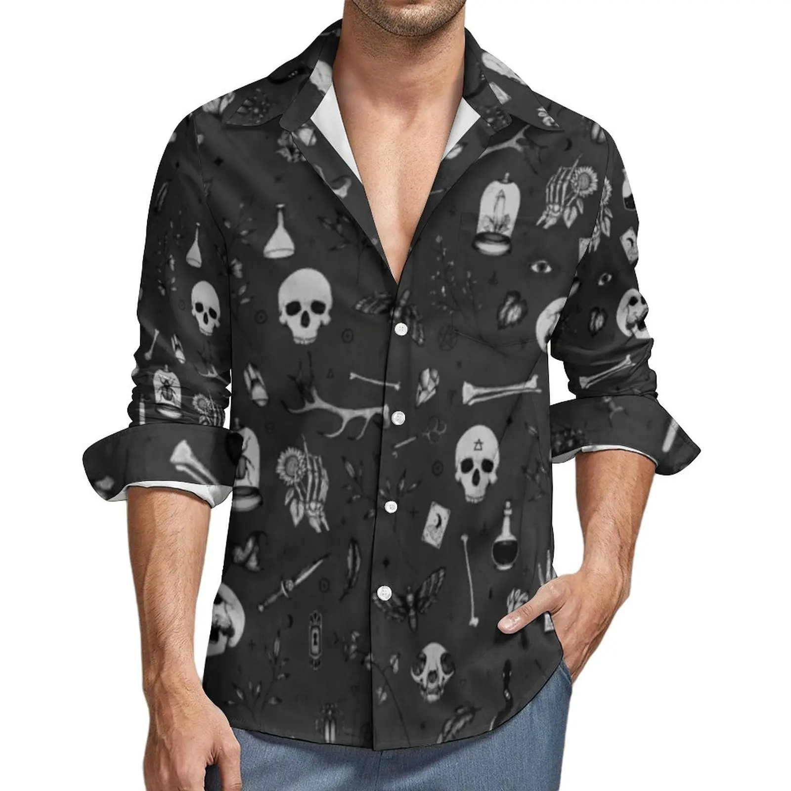 Gothic Art Print Casual Shirt Man Skull Dark Grey Witchy Fashion Shirt Autumn Retro Blouse Long Sleeve Custom DIY Oversized Top