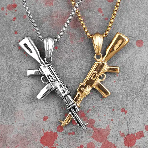 AK47 Gun Long Men Necklaces Pendants Chain Punk Trendy for Boyfriend Male Stainless Steel Jewelry Creativity Gift Wholesale