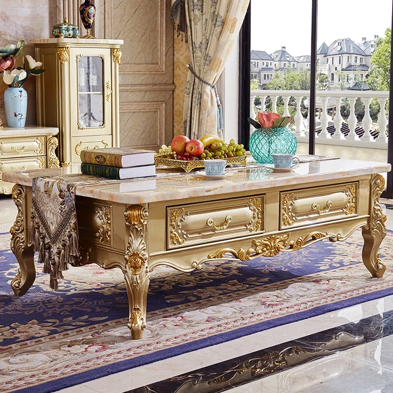 European-style furniture all solid wood coffee table luxury champagne gold marble coffee table TV cabinet combination