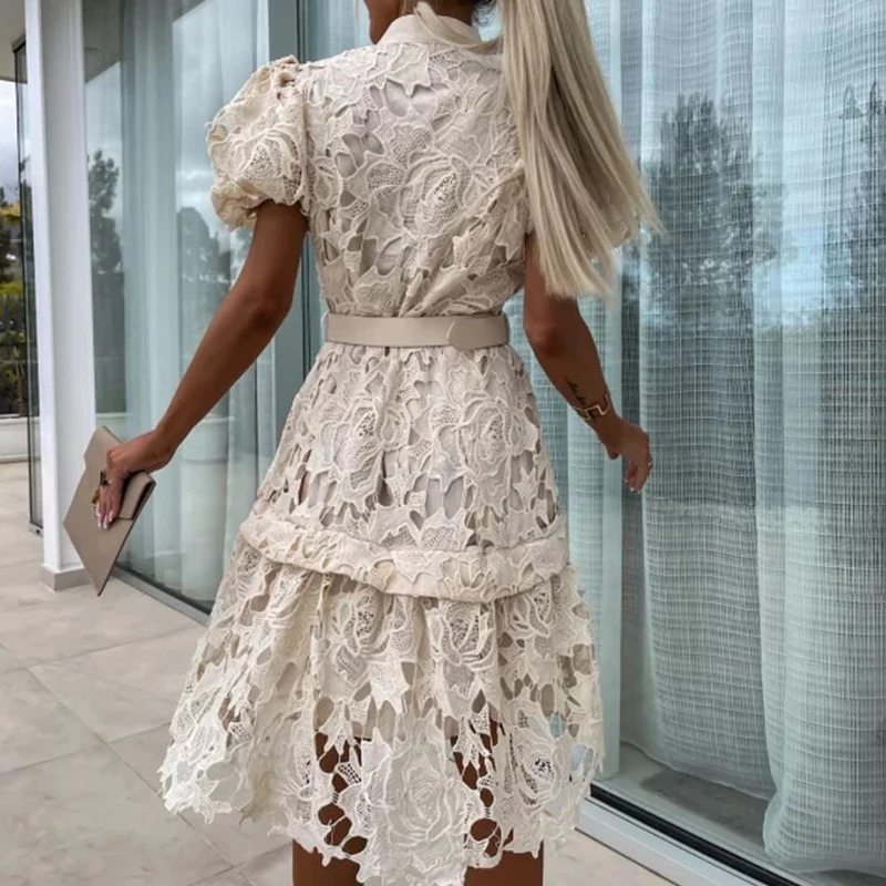 Summer Bubble Sleeve Lace Elegant Dress Fashion Jacquard Crochet Women Dress Ladies Solid Color Single Breasted A-Line Dress New