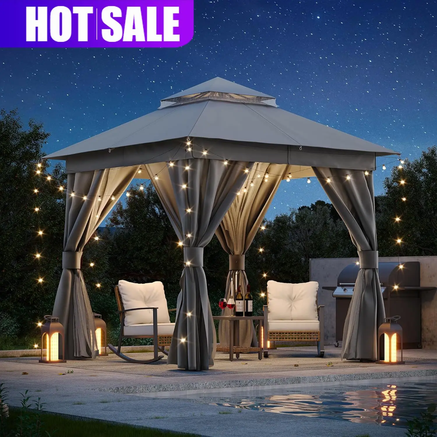 

Fast Delivery & Hot SellingPatio Gazebo 8'x8', Outdoor Heavy Duty Party Tent Shelter with Double Roofs, Mosquito Nettings and Pr
