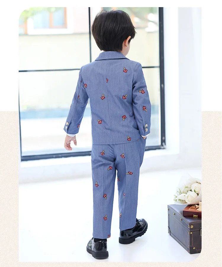 Boys Mushroom Blue 5Pieces/Set Jacket Vest Pants Bowtie Flower Wedding Dress Kids Birthday Suit Children Performance Costume