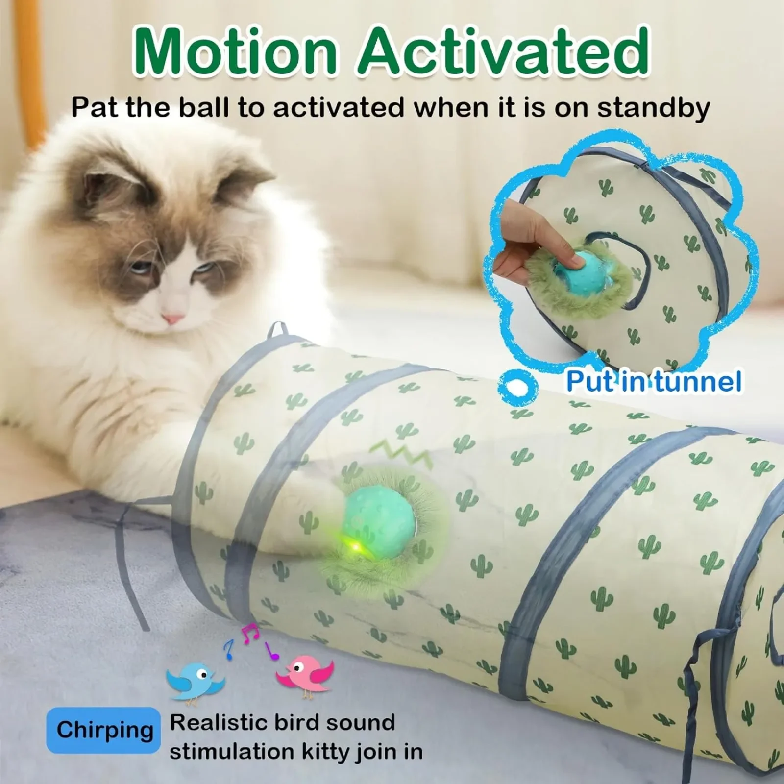 Interactive cat toy ball for indoor cats, fast rolling in tunnel,motion activated cat toy,chirping sound,hide and seek mouse toy