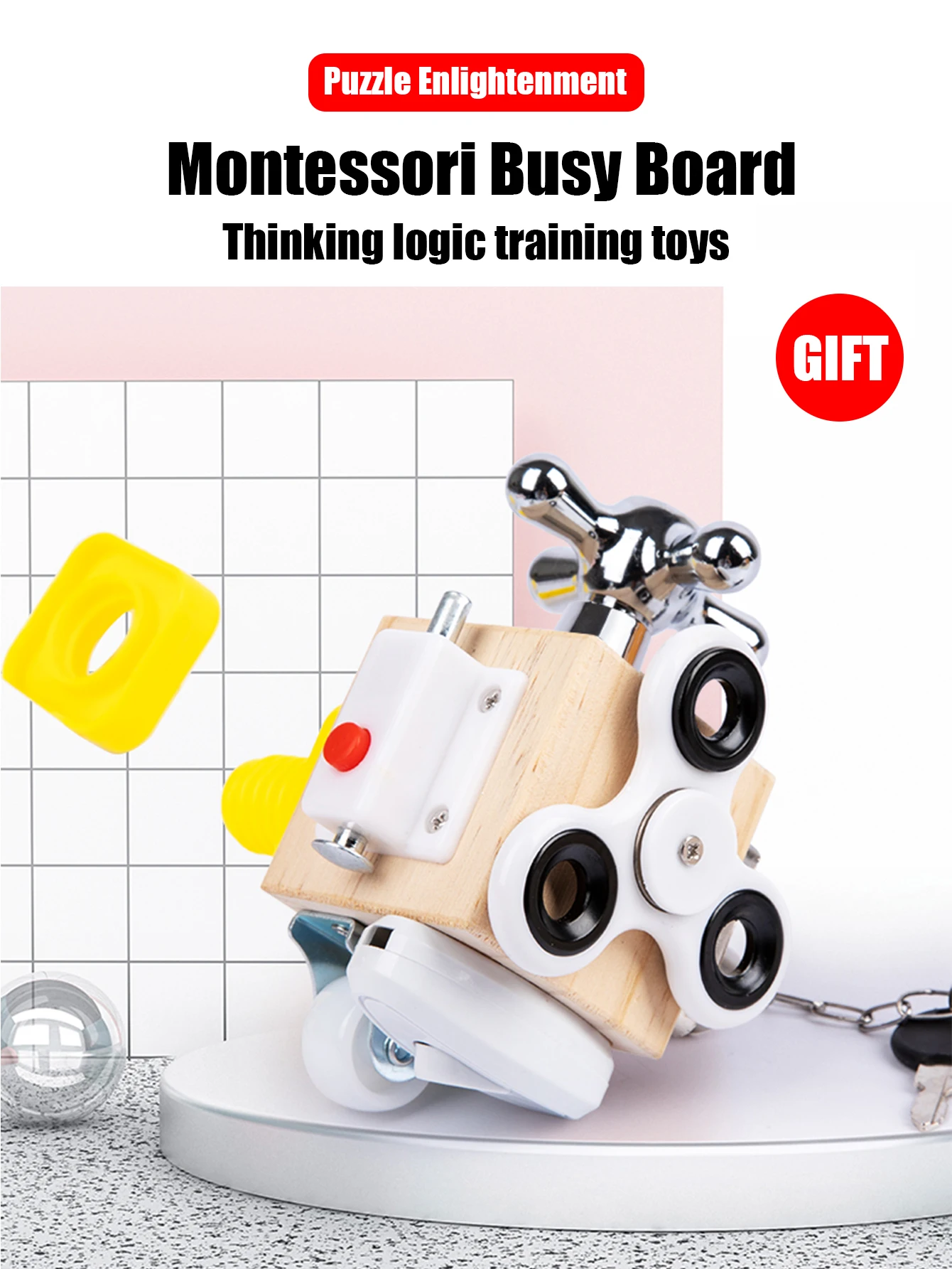 Wooden Busy Cube Sensory Fidget Toy, Montessori Educational Toy with Latches & Switches, Fine Motor Training Toy for Toddlers