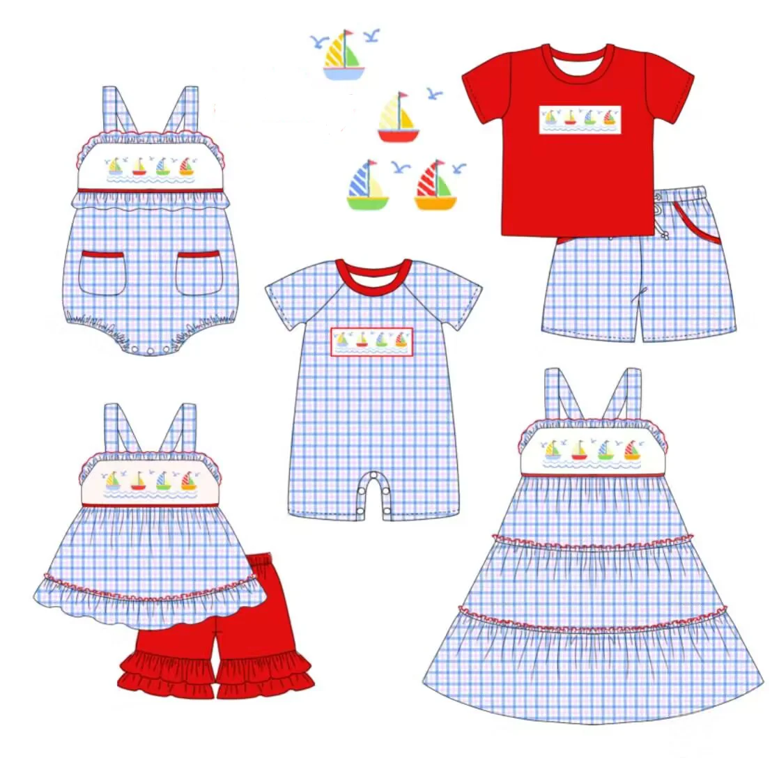 Summer children's matching set red top blue plaid shorts baby summer milk silk sailboat print suspender dress romper