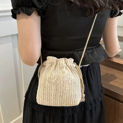 Elegant Ladies Beach Vacation Shoulder Crossbody Bag Stylish Casual Woven Straw Small Drawstring Bucket Bag for Holiday