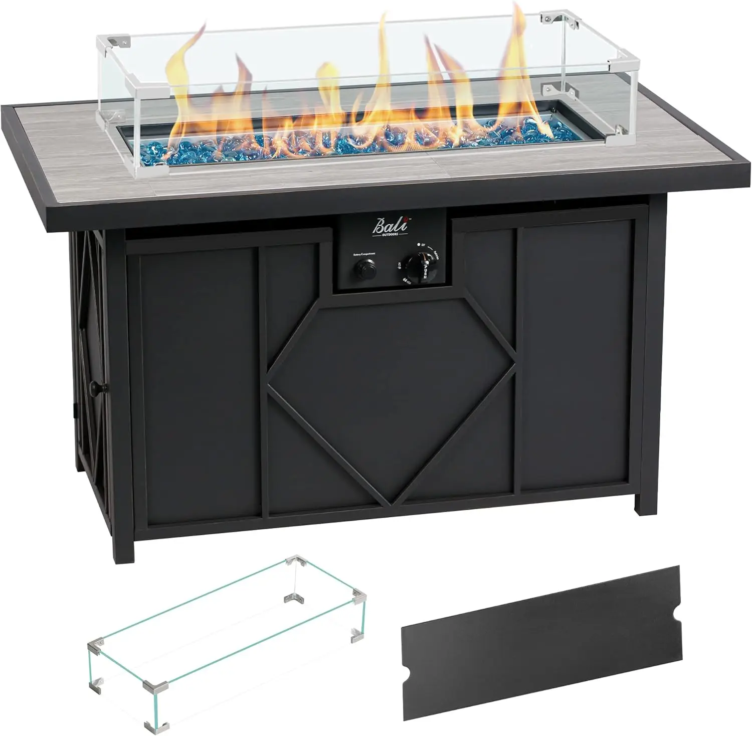 

Outdoors Propane Fire Pit Table 42 Inch 60,000 BTU Gas FirePit Table with Glass Wind Guard Rectangular Fire Pit W/ Tile Tabletop