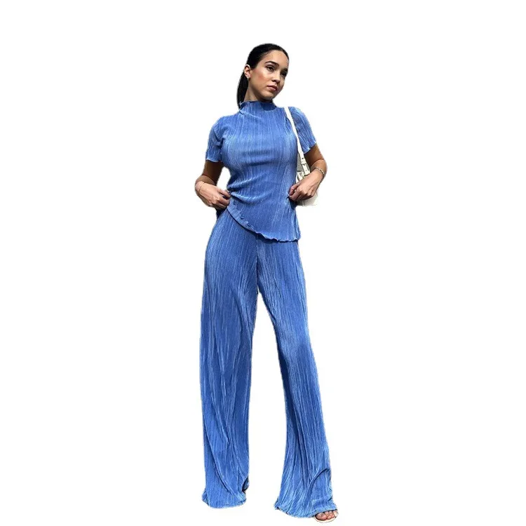 Ensemble deux pièces pour femme, t-shirt à col mi-haut et pantalon plissé taille haute, tenue décontractée, bleu, français, été