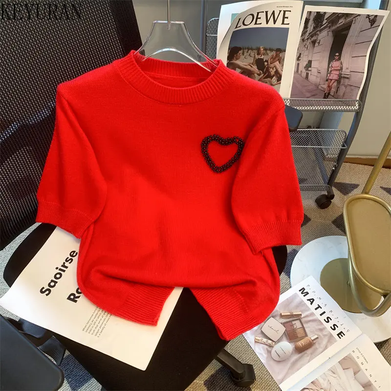 New 2023 Spring Summer Beading Heart Knitted Pullovers sweaters Women\'s Casual Loose Fashion O-Neck Short Sleeve Sweater Jumpers