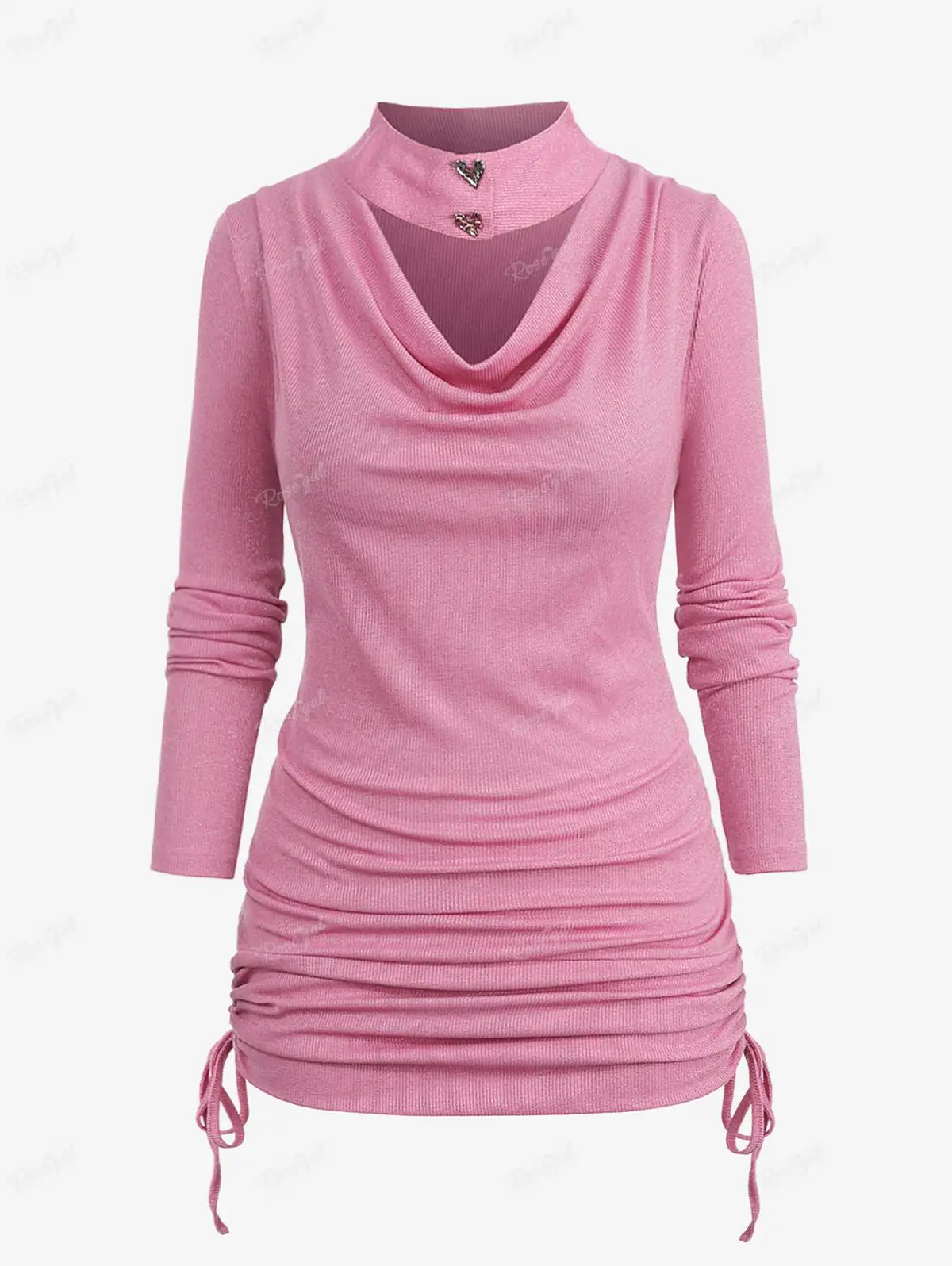 

ROSEGAL Plus Size Women's T-shirt Cowl Neck Detachable Collar Cinched Ruched Ribbed Top New Light Pink Long Sleeves Casual Tee