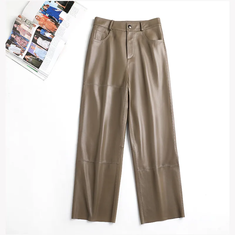 

Women's Leather Pants, Wide Legs Real Sheepskin, High Waist, Slim, Straight, Genuine, Large Size, Autumn, Winter