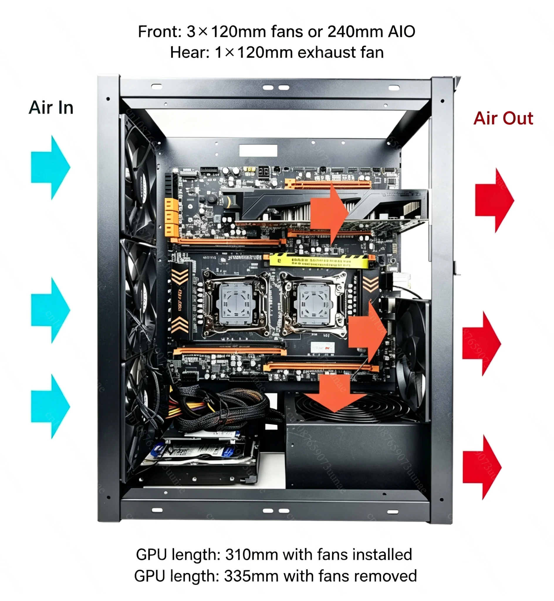 デュアルチャンネル対応、積み重ね可能なオープンフレーム型pcケース。x79、x99、eatxマザーボードに対応。垂直・水平両方向への取り付けが可能。360mm水冷対応。