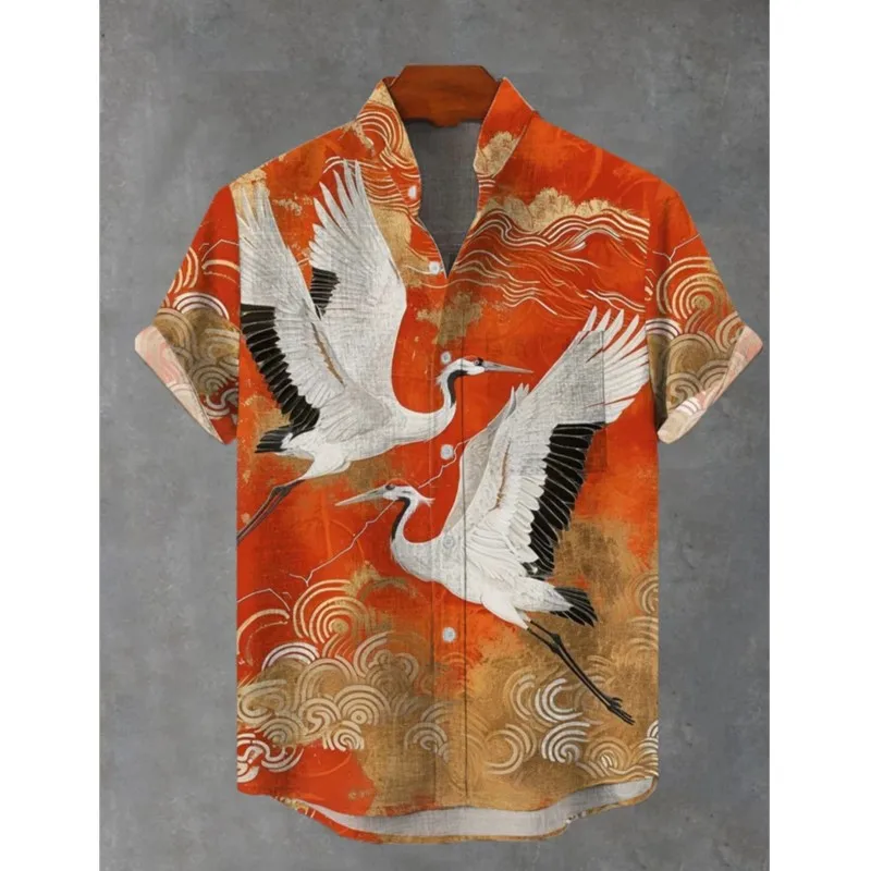 

Classic Casual Hawaiian Floral And Crocodile Patterns Printing Breast Pocket Short Sleeve Shirt
