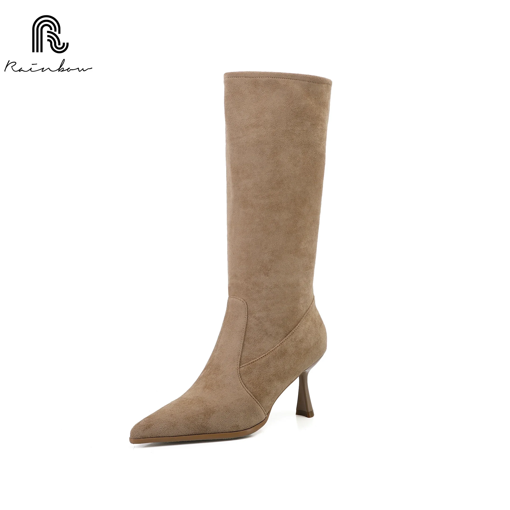 RAINBOW 34-42 Suede Pointed High Heeled Women Autumn Winter Fashion Pleated Long Boots Designer Knee High West Cowboy Ladies new