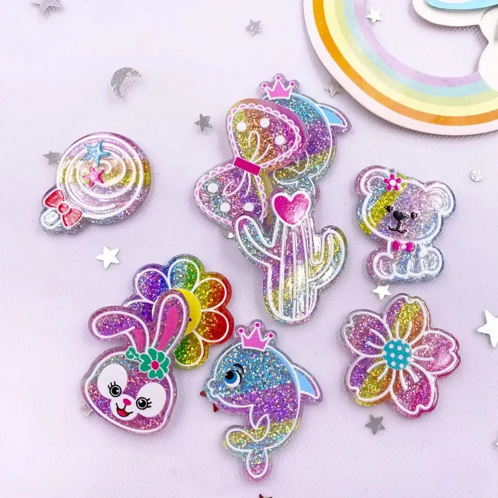 10PCS Colorful Glitter Rainbow Bear Rabbit Flower Dolphin Cactus Flatback Acrylic Sheet Miniature Pattern Applique DIY J332 A