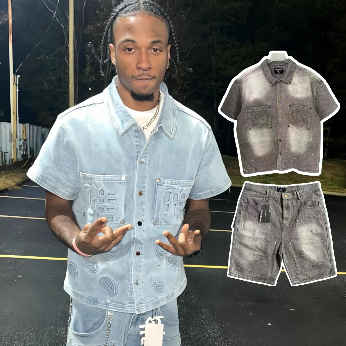 

American Street Style Retro High Street Short Sleeve Denim Shirt Set Mixed Emotion Printed Loose Fit Youth Fashion Cotton Pol...