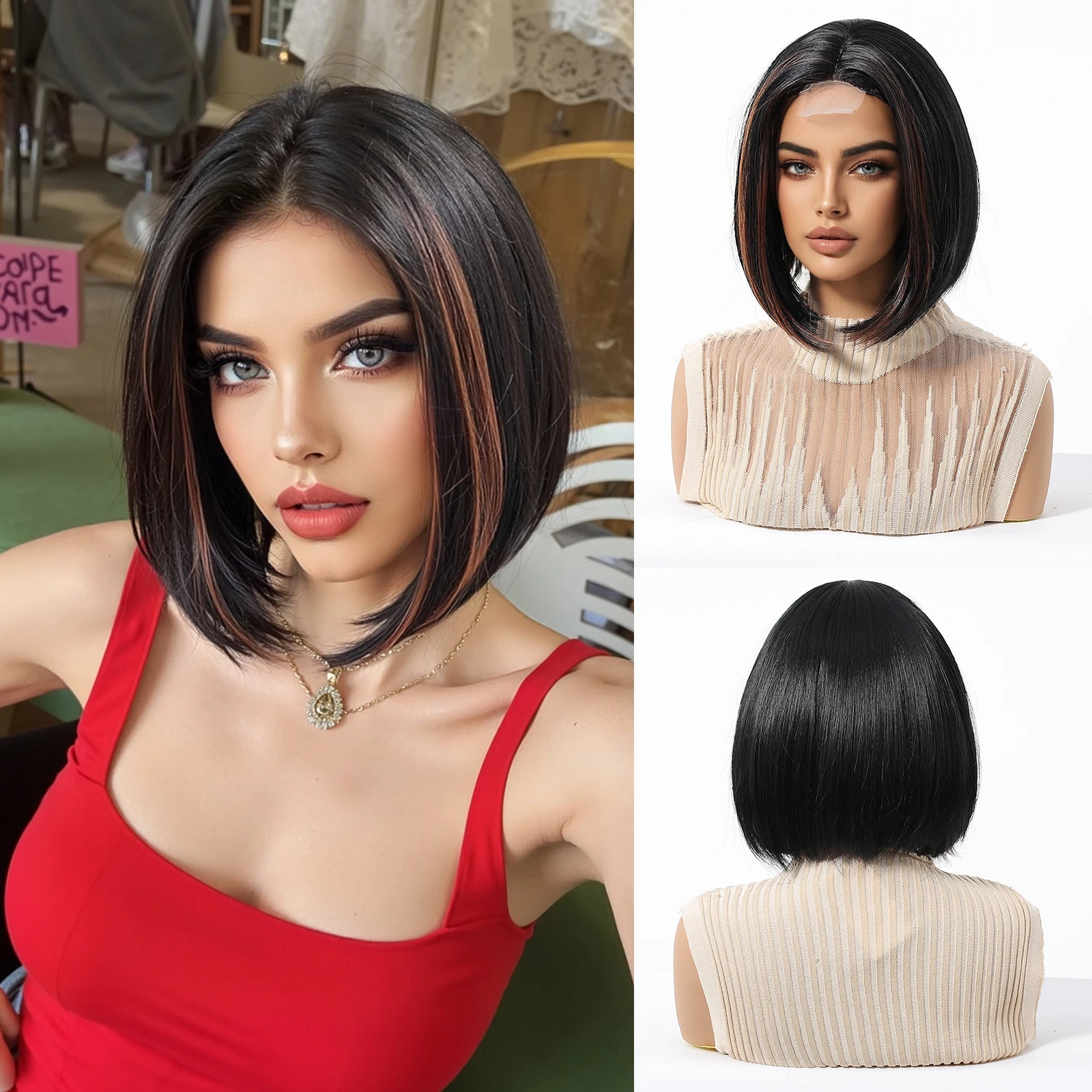 

Short black Mixed Brown Lace Front Wig for Women Natural Straight Synthetic Wigs Baby Hair High Density Daily Wig Heat Resistant