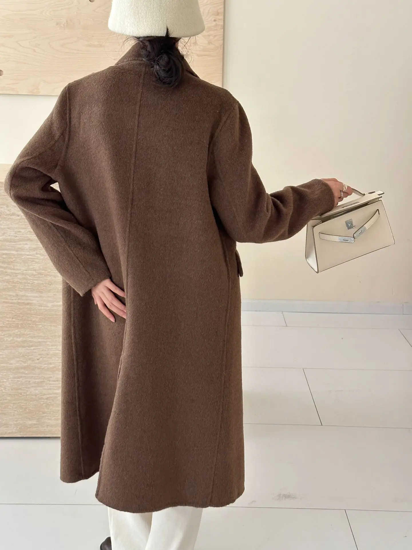 AI NI YA طوق مزدوج الصدر معطف صوفي على الوجهين سترة قطعتين معطف نسائي غير رسمي دافئ للخريف والشتاء