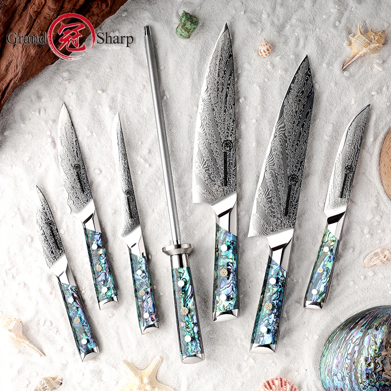 Grandsharp 1-7Pcs Kitchen Knife Set Professional Damascus Japanese Steel Chef Knife Kiritsuke Utility Boning Paring Knife Tools