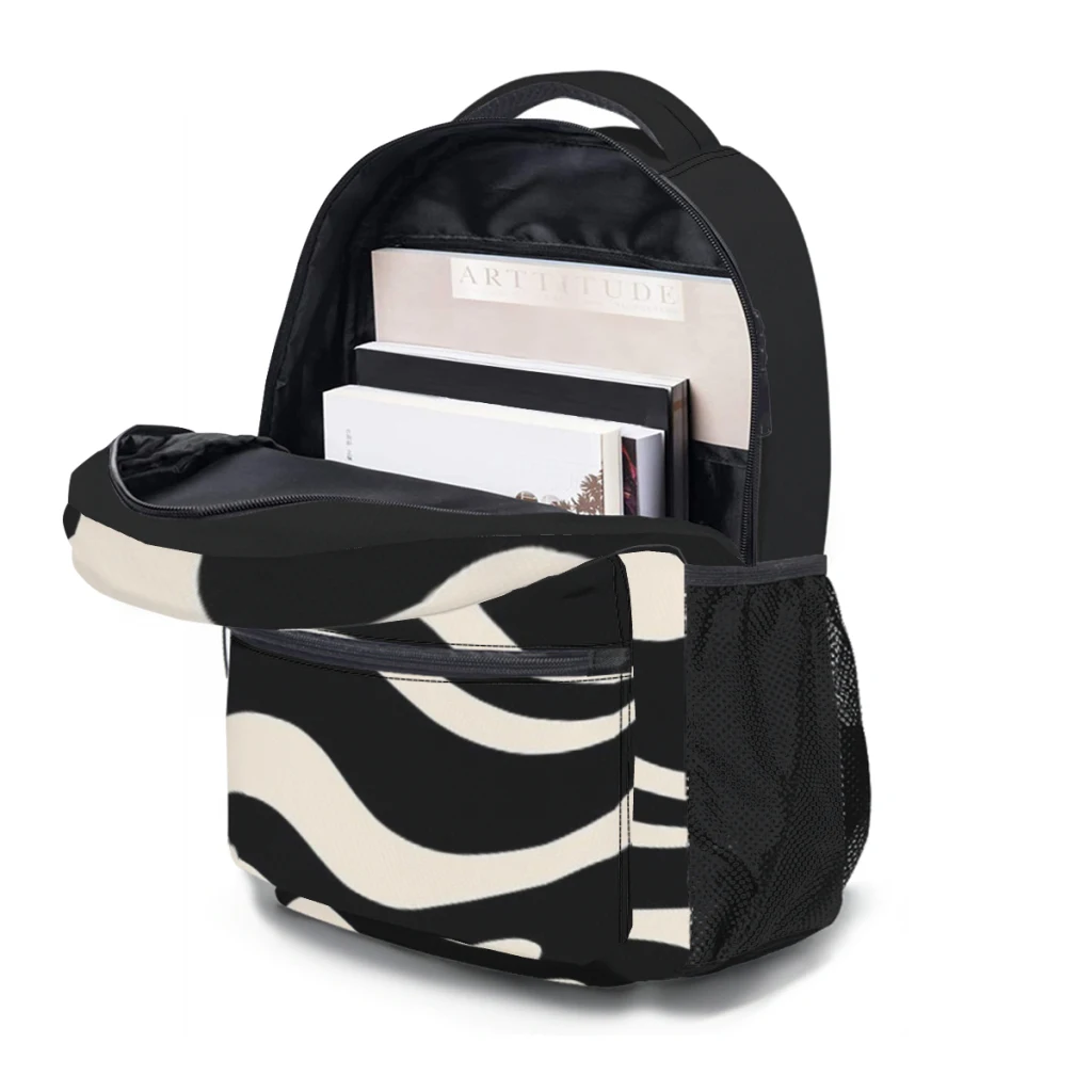 Mochila universitária impermeável de alta capacidade para crianças, redemoinho líquido, padrão abstrato, quadrada em creme preto e amêndoa, moderna, 17"