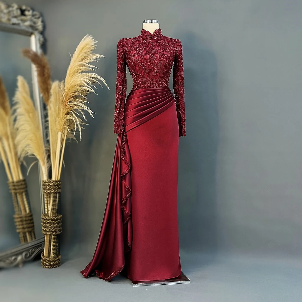Customized Mermaid Evening Dresses Floor-length High-neck Full Sleeve Prom Gown Fashion Sequined Pleat Simple Draped Party Gown