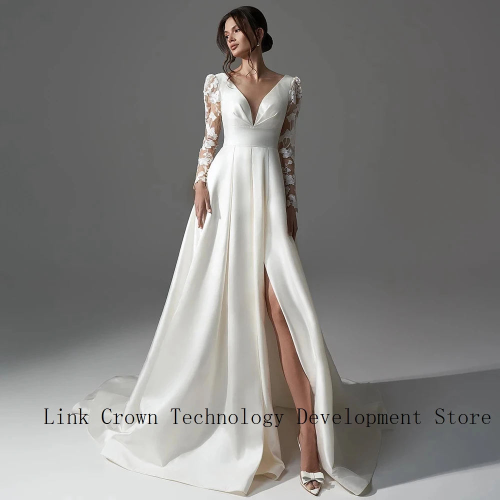 Side Slit Ivory Wedding Dresses A Line Summer Full Sleeve Satin Bridal Gowns New Button Back Vestidos De Novia 2026 Summer