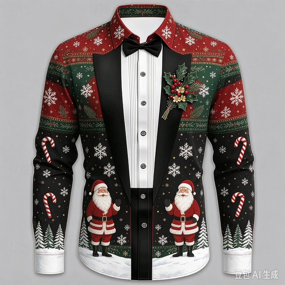 Men's Christmas Long Sleeve Shirt 3D Print Suit Snowflake Pattern Turn-down Collar Button Up Shirt Party Costume