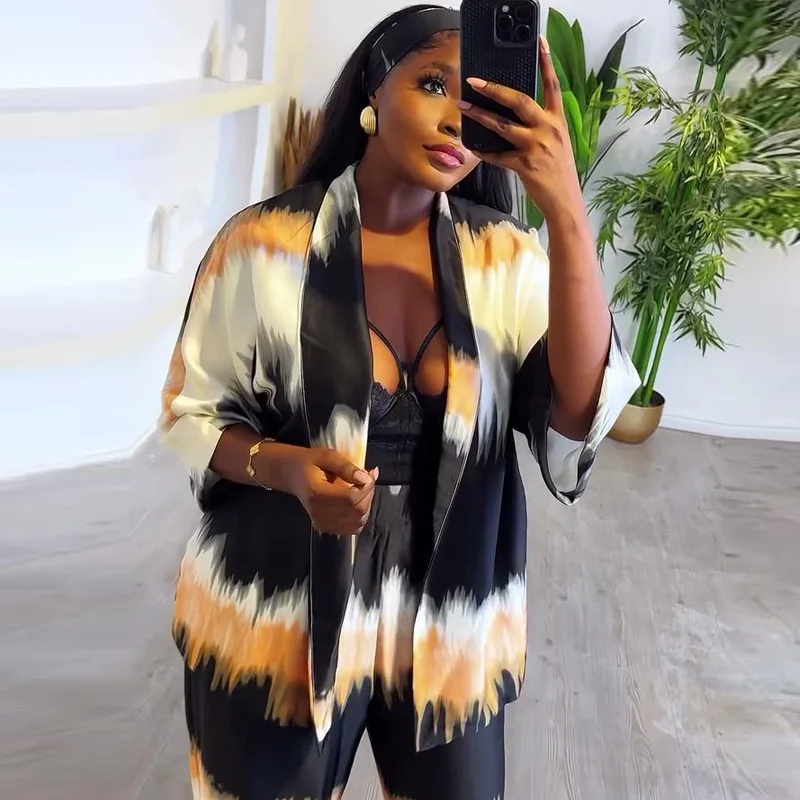

Women's Gradient Printed Long Sleeved Cardigan and Long Pants Two-piece Set for Summer 2025