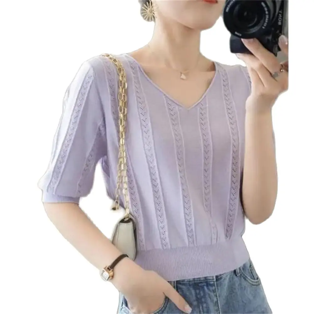 Knit Blouses Top Femme Short Sleeve Knit Blouse Womem Blusas Mujer De Moda 2024 Hollow Out V-Neck Knitted Blouse Shirt Pullover