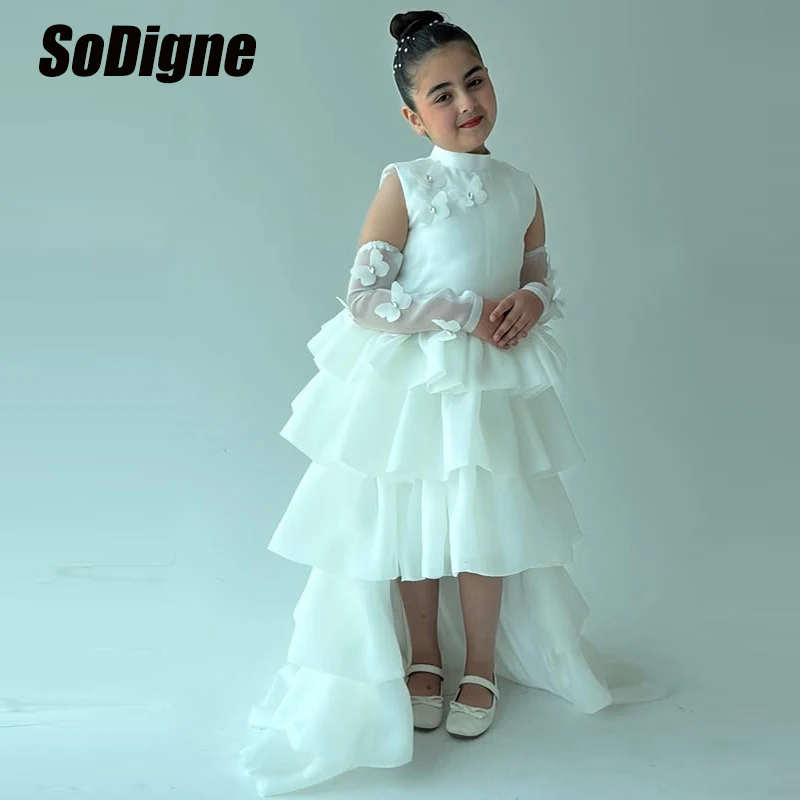 SoDigne A-line Arab Flower Girl Dress High Neck Sleeveless Organza Elegant Party Girl Gowns Mini Birthday Dresses Customized 