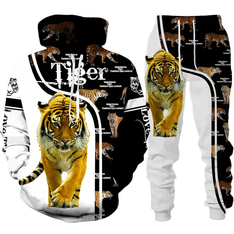 Cool Tiger 3D Animal Print Hoodie+Pants Suit Long Sleeve Pullover Men\'s Sportswear Tracksuit Couple Outfit Kids two-piece suits